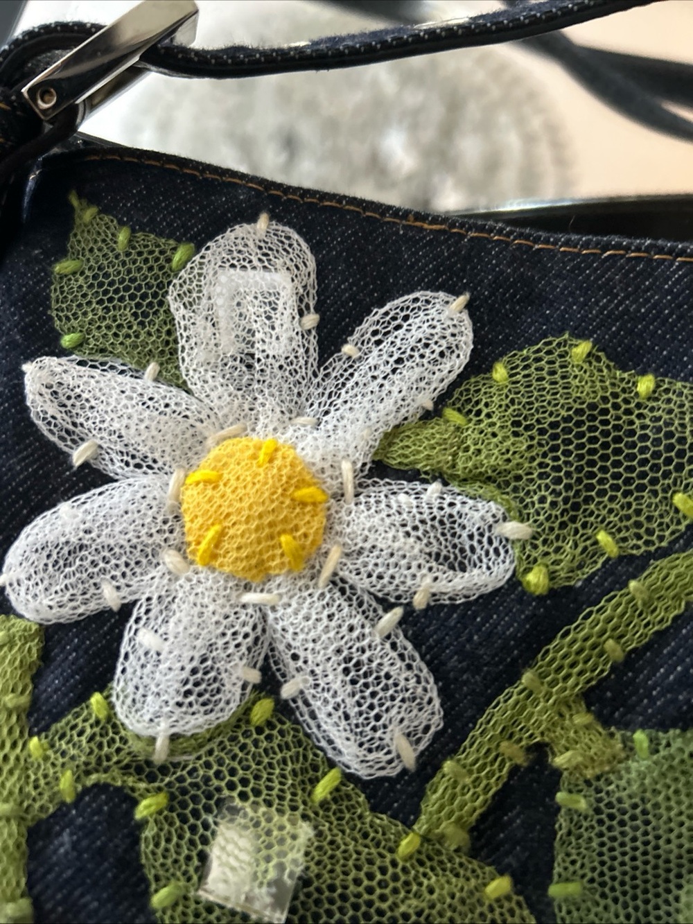 Fendi Denim Baguette with White & Yellow Floral Appliqués and Silver Buckle - Picture 7 of 11